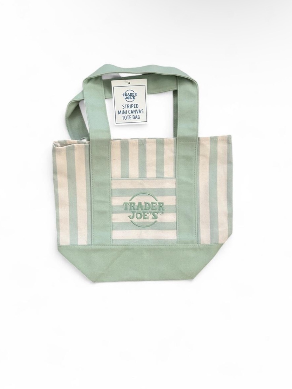 Trader Joe's Striped Mini Canvas Mint Green Tote Bag Summer Limited Addition